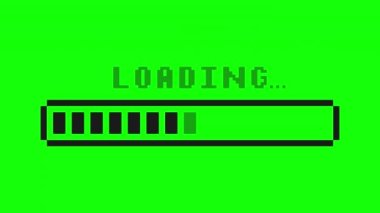 Çubuk piksel canlandırma işlemi yükleniyor. Alfa kanalı ile yeşil arkaplanda ilerlemenin canlandırması indiriliyor, yükleniyor veya yükleniyor. 4k video canlandırması.