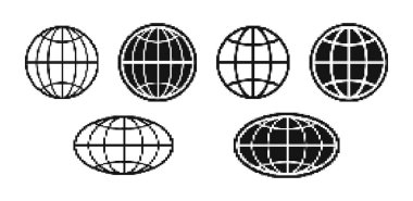 Dünya piksel simgeleri ayarlandı. Pikselleştirilmiş Dünya küre işareti. Piksel sanatında yuvarlak ve düz gezegen sembolü. Grafik elementler. Vektör.