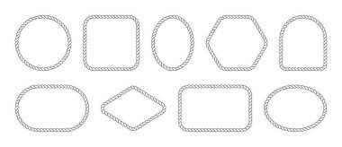 İp çerçeve ayarlandı. İp kenarları ve çerçeve çeşitli şekillerde. Geometrik sınır koleksiyonu. Dikdörtgen, oval, diğer şekillerin karesi. Vektör illüstrasyonu.