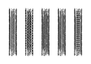 Grunge lastik izleri hazır. Lastik izi ya da tekerlek fren izleri. Araba ve motosiklet lastik izleri. Tekerleklerin kirli, grunge dokuları. Vektör illüstrasyonu.