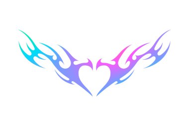 Holografik neo kabile kanatlı kalbi Y2K tarzında. Kanatları ve alevi olan soyut sanal kalp. Gotik dövme stili. Vektör illüstrasyonu.