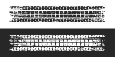 Grunge lastik izi. Lastik izi ya da tekerlek fren yolu. Araba ve motosiklet lastik izleri. Tekerleğin kirli grunge dokusu. Vektör illüstrasyonu.