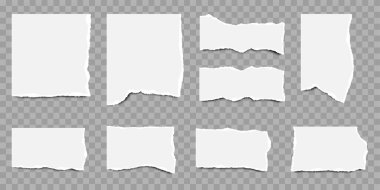 Yırtık kağıt. Farklı şekil ve boyutlarda gerçekçi yırtık kağıtlar. Yırtılmış beyaz parçalar. Vektör illüstrasyonu.