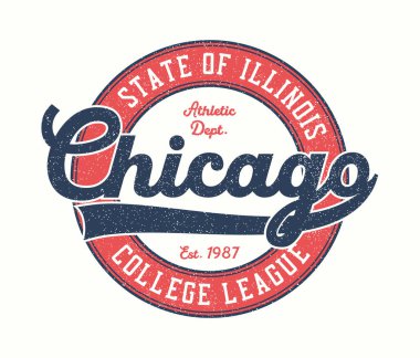 Chicago tişört tasarımı. Illinois Kolej Ligi tişörtü ve şık bir yazı. Atletik kıyafetler için grafikler. Klasik spor kıyafetleri için Grunge baskısı. Vektör illüstrasyonu.