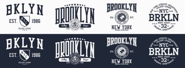 Brooklyn 'de tişört koleksiyonu. New York, Brooklyn 'de kıyafet tasarımı grafikleri. Kolej tarzı tişörtler, giyim kuşamları ve spor kıyafetleri. Vektör illüstrasyonu.