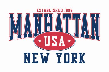 Manhattan, New York tişört baskısı tasarımı. Spor kıyafetleri, Manhattan grafikleri, orijinal tişört ve giysi tasarımı. Vektör illüstrasyonu.