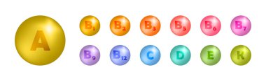 Vitamin ikonu seti. Multivitamin kompleksi simgeleri. Multi vitamin takviyesi. Renkli vitamin işaretleri - A, B1, B2, B3, B5, B6, B7, B9, B12 ve C, D, E ve K..