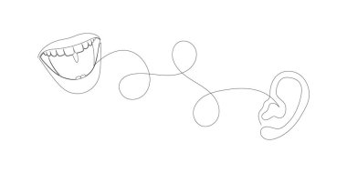 Sürekli bir ağız çizgisi kulağa doğru konuşur. Sırlar, dedikodular, haberler ve propaganda kavramı. Vektör illüstrasyonu.