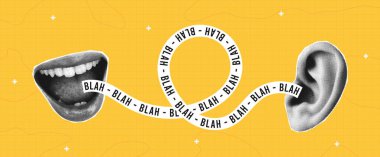 Yarım tonluk kolaj pankartı ve kadın ağzı kulağa konuşur ve yazı ile soyunur - falan filan. Kolaj elementlerinin olduğu yarım ton posteri. Dedikodu, sır ve iletişim kavramı. Vektör illüstrasyonu.