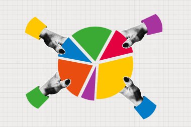 Yarıtonlu eller pasta grafiğini farklı renklerde tutuyor. İş veri grafiği veya pazar payının kolaj tasarımı. Kolaj yarım ton kollar ve dairesel diyagram. Vektör illüstrasyonu.