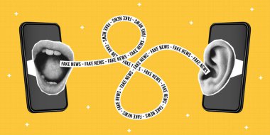 İki akıllı telefon ve ağızla yarım tonluk kolaj afişi kulaktan kulağa konuşur ve mesajla soyunur. Sahte haber. Yarım ton kolaj posteri. Sahte haber, yanlış bilgilendirme ya da propaganda kavramı. Vektör illüstrasyonu