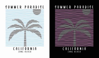 Kaliforniya tişört tasarımı ve palmiye ağacı. Palmiye ağacı ve renk çizgileri olan tişört baskısı. Giysiler, basım ürünleri ve giyim için grafikler. Vektör illüstrasyonu.