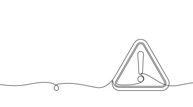 Ünlem işaretli üçgen işareti, aralıksız bir çizgi çizimi. İşaretin üzerine ünlem işareti çizilmeye devam ediyor. Tehlike kavramı, dikkat, dikkat. Vektör illüstrasyonu.