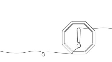 Ünlem işaretiyle imzala, aralıksız bir çizgi çizimi. İşaretin üzerine ünlem işareti çizilmeye devam ediyor. Tehlike kavramı, dikkat, dikkat. Vektör illüstrasyonu.
