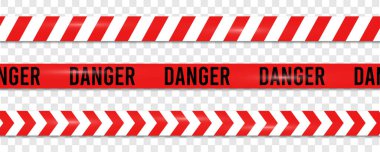 Dikkat bandı hazır. Gerçekçi uyarı bantları kırmızı ve beyaz çizgiler. İnşaat alanı, suç mahalli ya da tehlike bölgesi için uyarı kurdeleleri. Polis uyarı şeridi ya da bariyer çizgisi. Vektör illüstrasyonu.