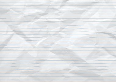 Buruşmuş kağıt dokusu. Gerçekçi buruşuk defter kâğıdı arka planı. Yatay buruşuk boş not defteri ya da çizgili defter kağıdı. Vektör illüstrasyonu.