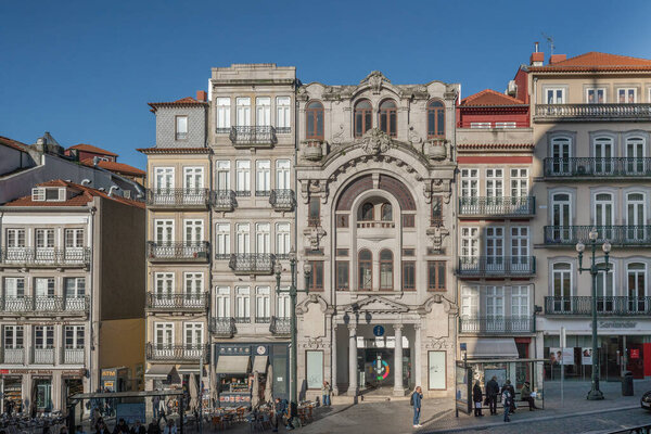 Porto, Portugal - Feb 5, 2020: Almeida Garrett Square Buildings - Porto, Portugal