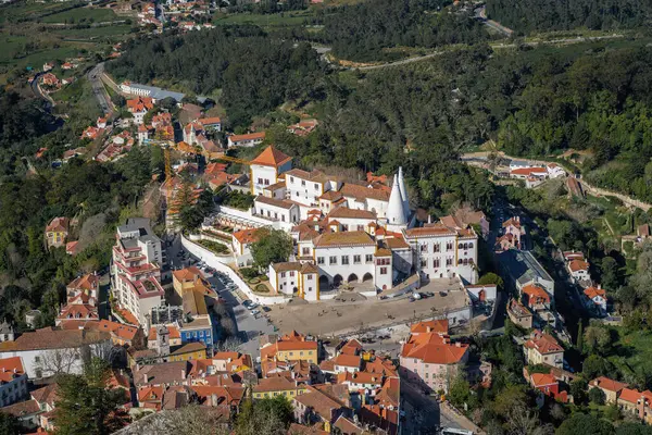 stock image Aerial view of city and National Palace of Sintra - Sintra, Portugal