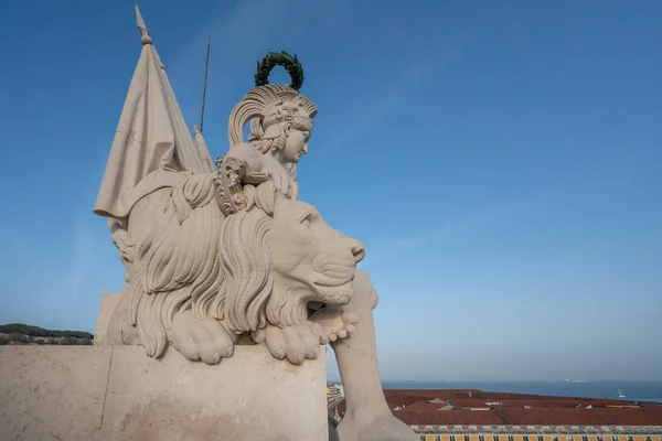 Lisbon Portugal Feb 2020 Valor Lion Sculpture Top Rua Augusta — Stock Photo, Image