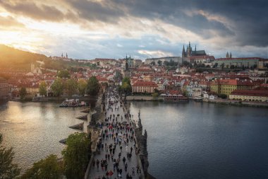 Prague, Czechia - Sep 30, 2019: Aerial view of Charles Bridge with Prague Castle Skyline - Prague, Czech Republic