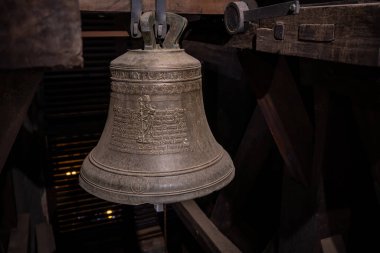 Prague, Czechia - Oct 01, 2019: Bell at St. Nicholas Church Bell tower interior - Prague, Czech Republic