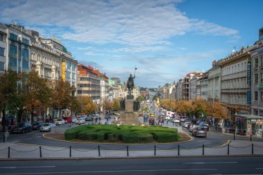 Prague, Czechia - Sep 26, 2019: Wenceslas Square and Statue of Saint Wenceslas - Prague, Czech Republic
