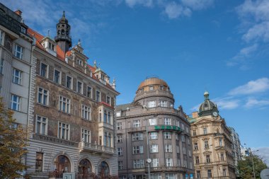Prague, Czechia - Sep 26, 2019: Buildings architecture at Wenceslas Square - Prague, Czech Republic