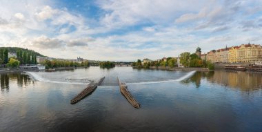 Panoramic view of Vltava River with Stitkovsky weir (small dam) and Sitkov Water Tower - Prague, Czech Republic