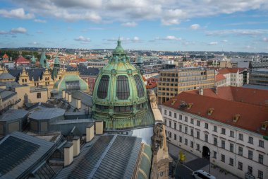 Aerial view of Republic Square (Namesti Republiky) with Municipal House dome - Prague, Czech Republic