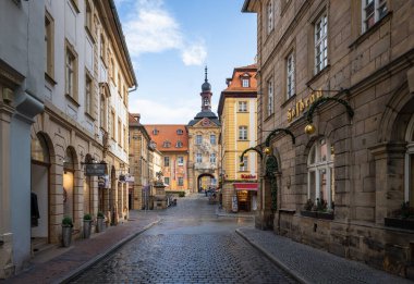 Bavaria, Germany - Dec 09, 2019: Old town street and Old Town Hall (Altes Rathaus) - Bamberg, Germany
