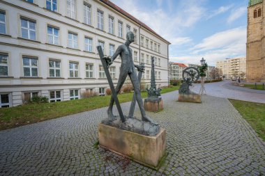 Magdeburg, Germany - Jan 15, 2020: Space Time Matter (Raum Zeit Materie) Sculpture Group by Heinrich Apel, 1988 - Magdeburg, Saxony-Anhalt, Germany