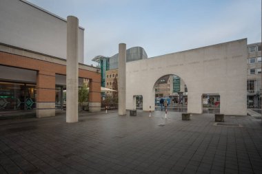 Nuremberg, Germany - Dec 09, 2019: Way of Human Rights (Strasse der Menschenrechte) - Pillars with universal declaration of human rights - Nuremberg, Bavaria, Germany