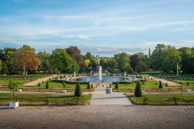 Potsdam, Germany - Sep 13, 2019: Sanssouci Palace Gardens view with Great Fountain - Potsdam, Brandenburg, Germany