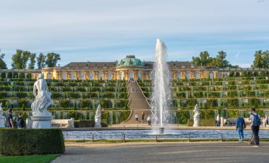 Potsdam, Germany - Sep 13, 2019: Great fountain and Sanssouci Palace - Potsdam, Brandenburg, Germany