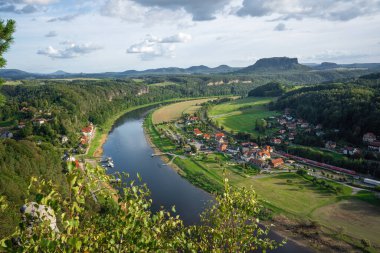 Aerial view of Elbe Riven and Rathen with Lilienstein Mountain on background - Bastei, Saxony, Germany