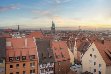 Aerial view of Nuremberg at Sunset with St. Sebaldus Church Tower (Sebalduskirche) - Nuremberg, Bavaria, Germany