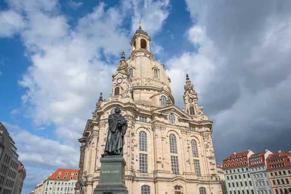Église Frauenkirche Statue Martin Luther Sur Place Neumarkt Dresde Soxonie — Photo