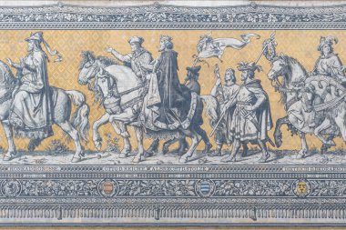 Dresden, Almanya - 18 Şubat 2019: Prens Duvarı (Furstenzug) Ayrıntıları - Dresden, Saksonya, Almanya