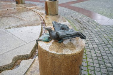 Trier, Almanya - 01 Şubat 2020: Willy-Brandt-Platz Meydanı 'nda Su Saati Çeşmesinin (Wasseruhrbrunnen) Güvercin Heykeli detayı