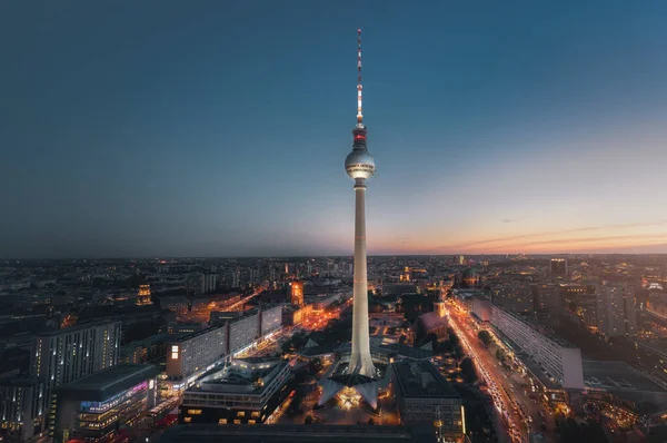 Vista Aérea Berlín Con Berlin Television Tower Fernsehturm Por Noche — Foto de Stock