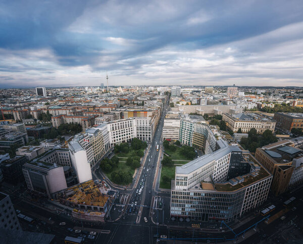 Aerial view of Leipziger Platz Octogonal Square and Berlin Skyline - Berlin, Germany