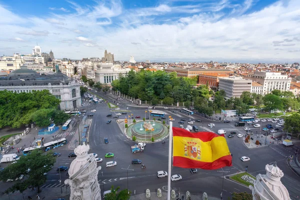stock image Aerial view of Calle de Alcala Street and Plaza de Cibeles with the Spanish Flag - Madrid, Spain