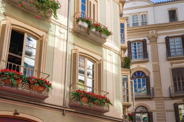 Çiçek kutuları olan bina - Malaga, Endülüs, İspanya