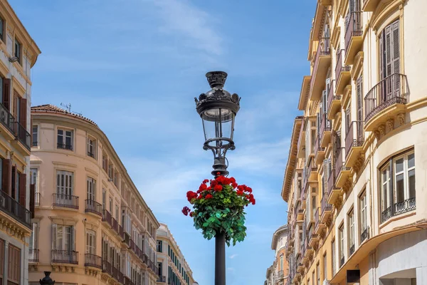 Calle Larios 'ta çiçekli Lamppost - ünlü yaya ve alışveriş caddesi - Malaga, Endülüs, İspanya