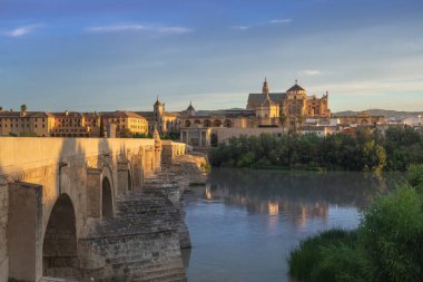 Cordoba Skyline Katedral, Roma Köprüsü ve Guadalquivir Nehri - Cordoba, Endülüs, İspanya