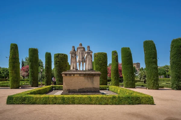 stock image Cordoba, Spain - Jun 11, 2019: Catholic Kings and Columbus Monument at Alcazar de los Reyes Cristianos - Cordoba, Andalusia, Spain