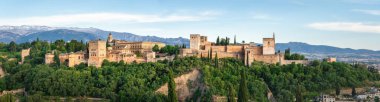 Arka planda Sierra Nevada Dağları olan Alhambra 'nın panoramik görüntüsü - Granada, Endülüs, İspanya