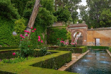 Granada, İspanya - 24 Mayıs 2019: Alhambra Generalife Bahçeleri 'nde Sultana (Patio de la Sultana) avlusu - Granada, Endülüs, İspanya