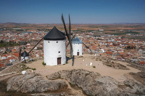 Cerro Calderico Windmills Consuegra City View Consuegra Castilla Mancha Spain — стоковое фото
