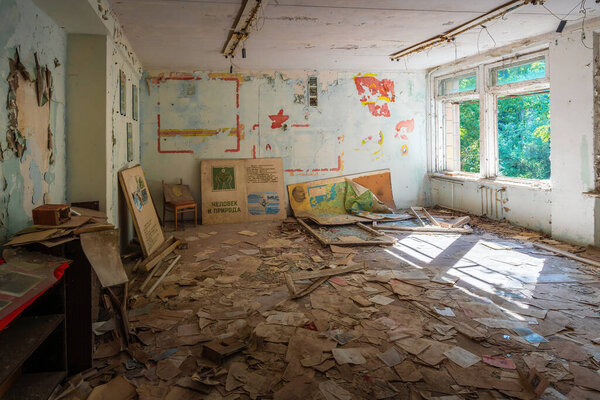 Chernobyl, Ukraine - Aug 07, 2019: Abandoned Classroom at District 3 School - Pripyat, Chernobyl Exclusion Zone, Ukraine